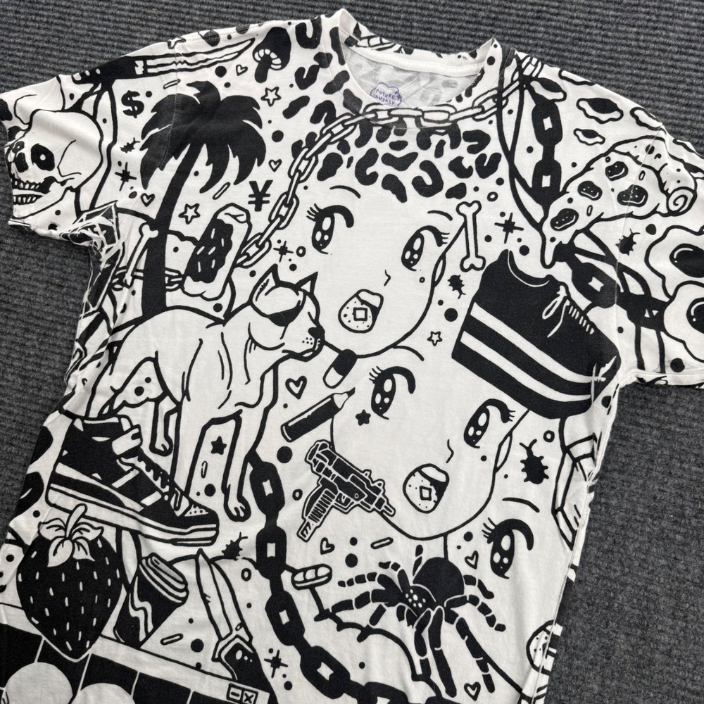Future Fantasy Delight Mens Medium White Black All Over Print Graphic T Shirt